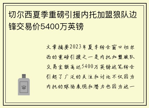 切尔西夏季重磅引援内托加盟狼队边锋交易价5400万英镑 切尔西夏季重磅引援内托加盟狼队边锋交易价5400万英镑